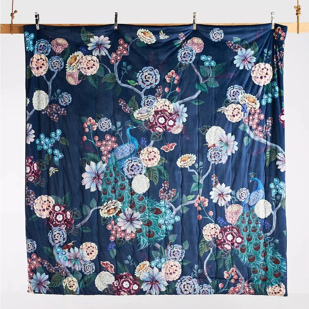 NWT Anthropologie Odette Quilt FULL Velvet Bedding Peacock Floral Blue